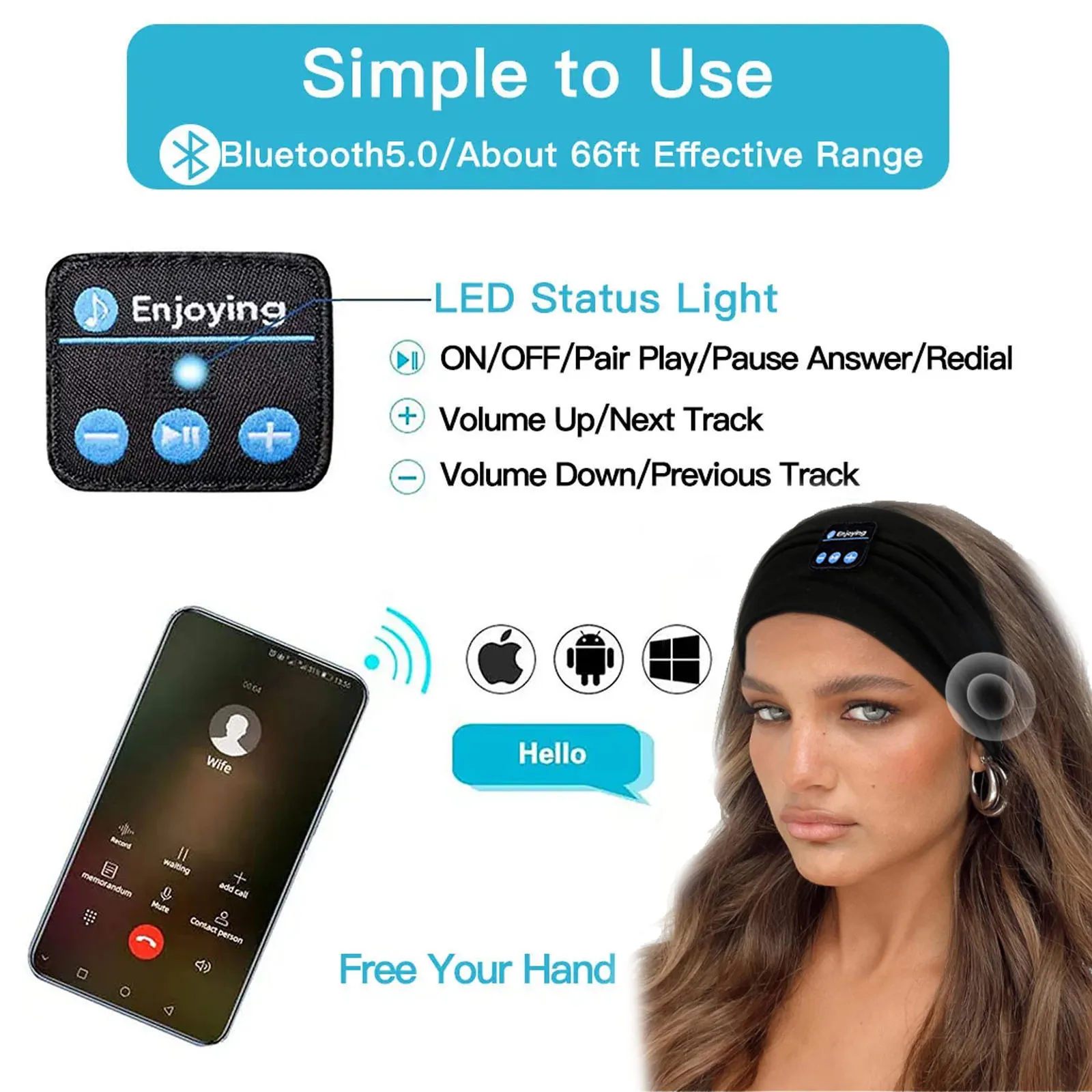 Wireless Bluetooth Heaphones Outdoor Sports Headband Wireless Stereo Music Earphones Headsets Soft Elastic Head Band for Yoga