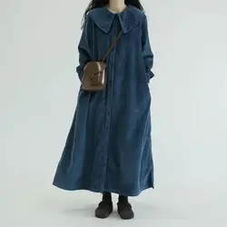Vintage Corduroy Ruffled A - Line Dress - Autumn Long Sleeve Ankle - Length Cardigan - XXXL (Image color)