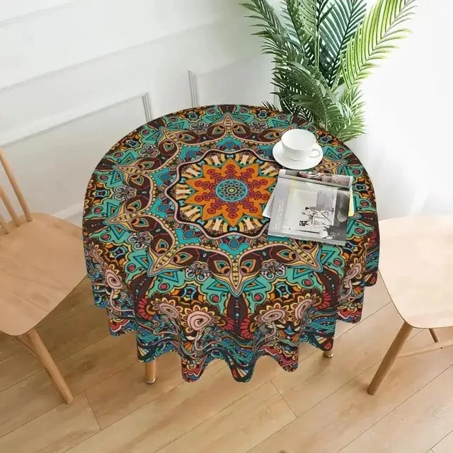 

1pc Mandala Round Tablecloth, Waterproof Colorful Circular Patio Dining Table Cover, Boho Cloths Covers For Backyard BBQ Picnic