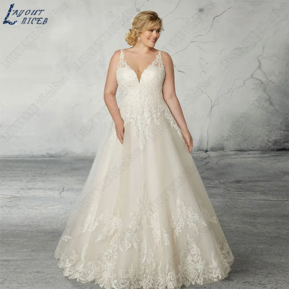 

LAYOUT NICEB Lace Appliques Plus Size Wedding Dresses A-Line V-Neck Tulle Bridal Gowns Sleeveless Back Lace Up vestidos de novia
