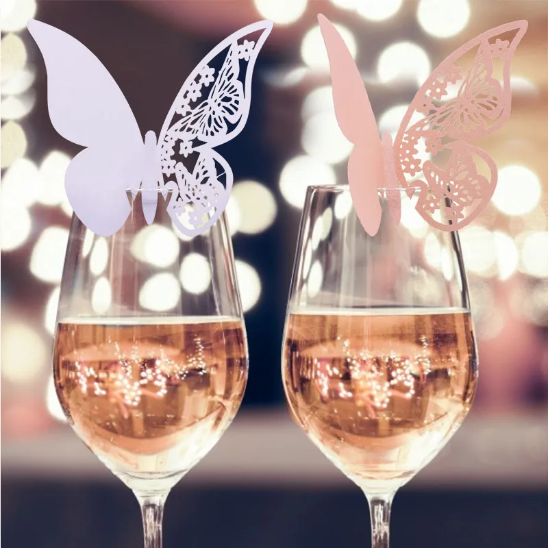 20 Stück/10 Stück glänzend Champagner Gold Silber Rosa Schmetterling Namenskarten Sitzplatz Karten Weinglas Tasse Papierkarte Hochzeit Party Dekor – Detail 10