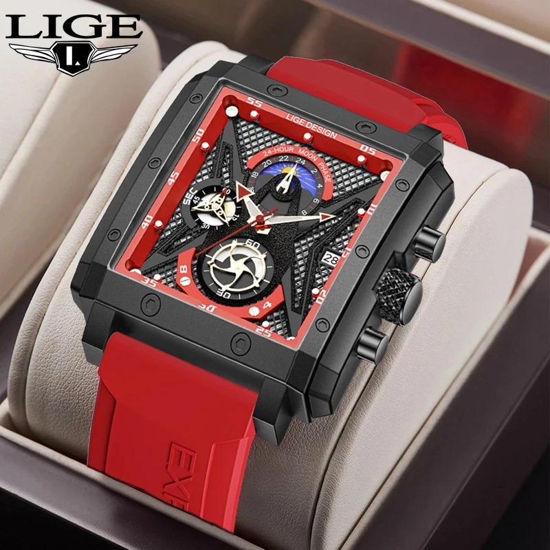 

Часы наручные LIGE Мужские кварцевые, брендовые Роскошные водонепроницаемые модные квадратные спортивные с силиконовым ремешком, с датой