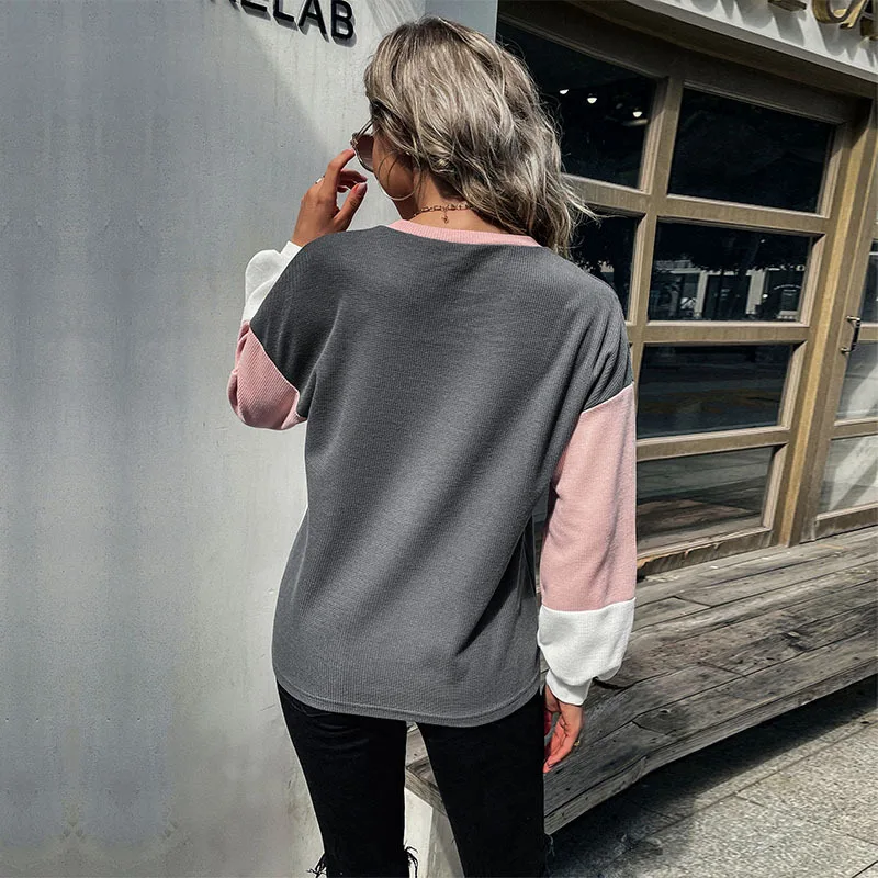 2022 Autumn New Women's European and American Fashion Stitching Sweater Top Long Sleeve Casual Joker Contrast Color Sweater