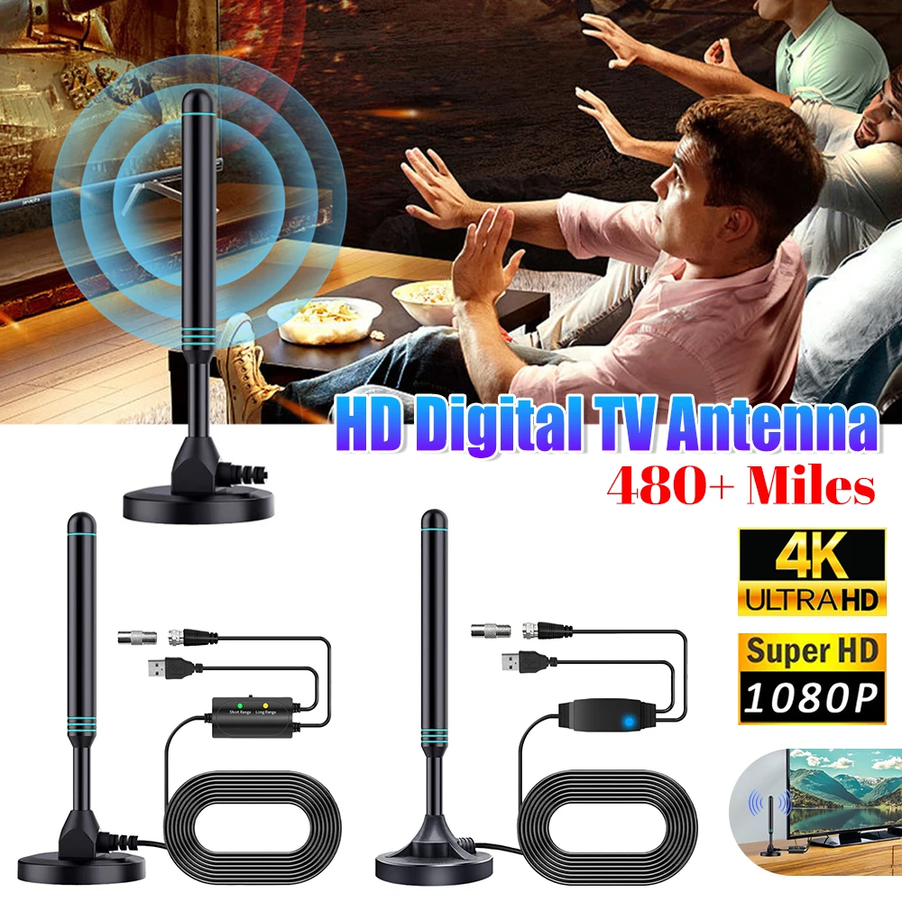 4K/1080P HD Digital TV Antenna with Signal Amplifier 480+ Miles Indoor Outdoor Antenna Magnetic Base VHF UHF Digital HD Aerial