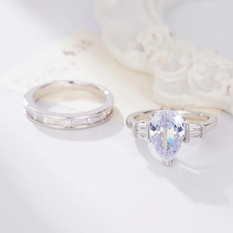925 Sterling Silver Bridal Ring Sets Female Bright Pear-shaped Cubic Zirconia Finger Jewelry Luxury Wedding Band Accessories