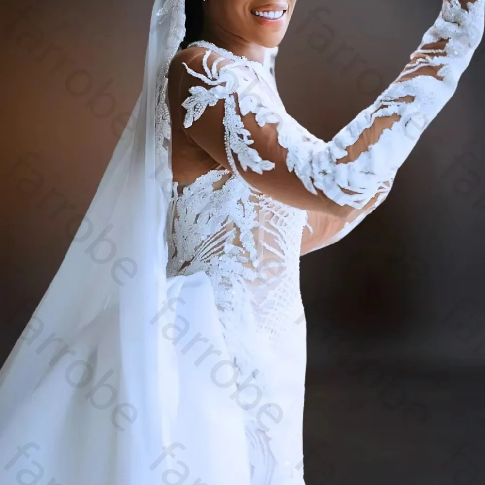 Customized Illusion Mermaid Ivory O-Neck Wedding Dresses Elegant Lace Celebrity Dress Exquisite High Quality Prom Party Gowns