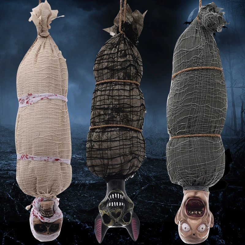 Halloween Hanging Cocoon Corpse Decoration Mummy Ghost with Glowing Eyes Creepy Sound Halloween Indoor Outdoor Yard Decor Prop
