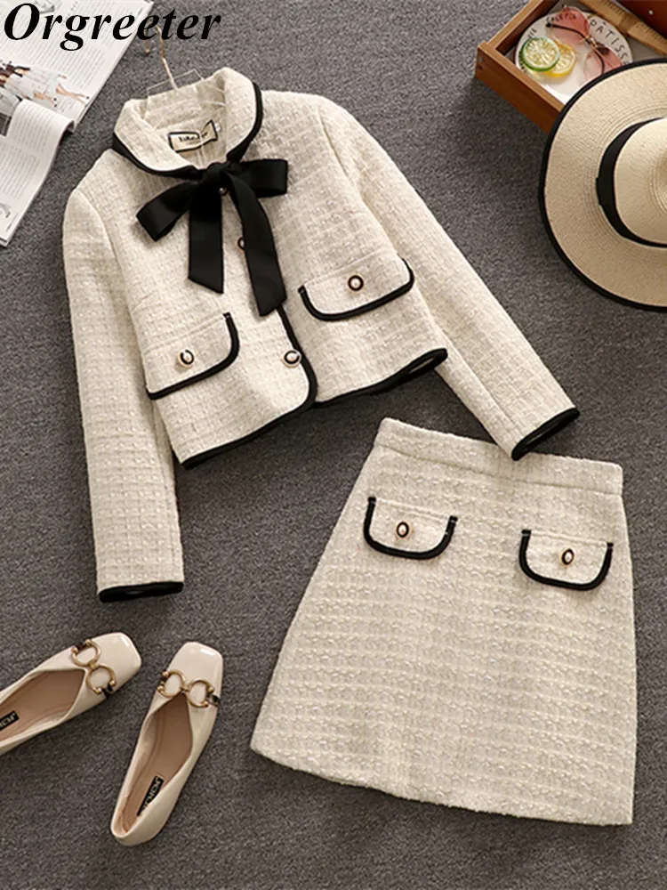 

Winter Vintage OL Tweed Two Piece Set Women Bowknot Crop Top Woolen Short Jacket Coat + Single-breasted Mini Skirts 2 Piece Sets