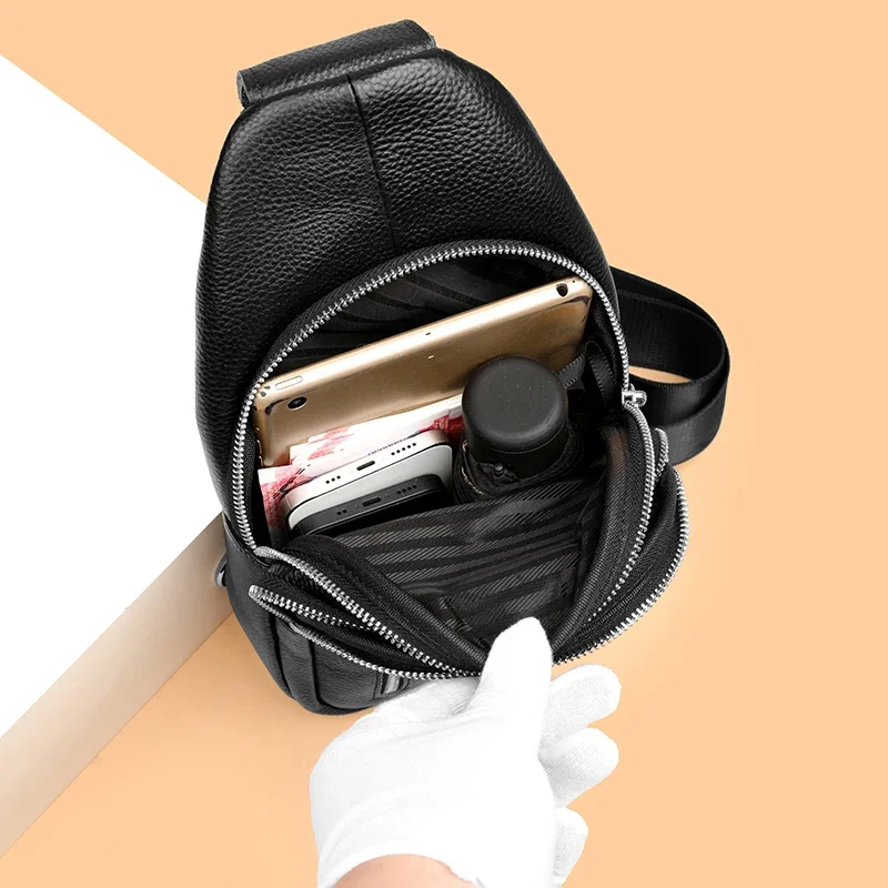 Genuine Leather Men Chest Bag Shoulder Bag Cowhide Purse Casual Sports Crossbody Bag