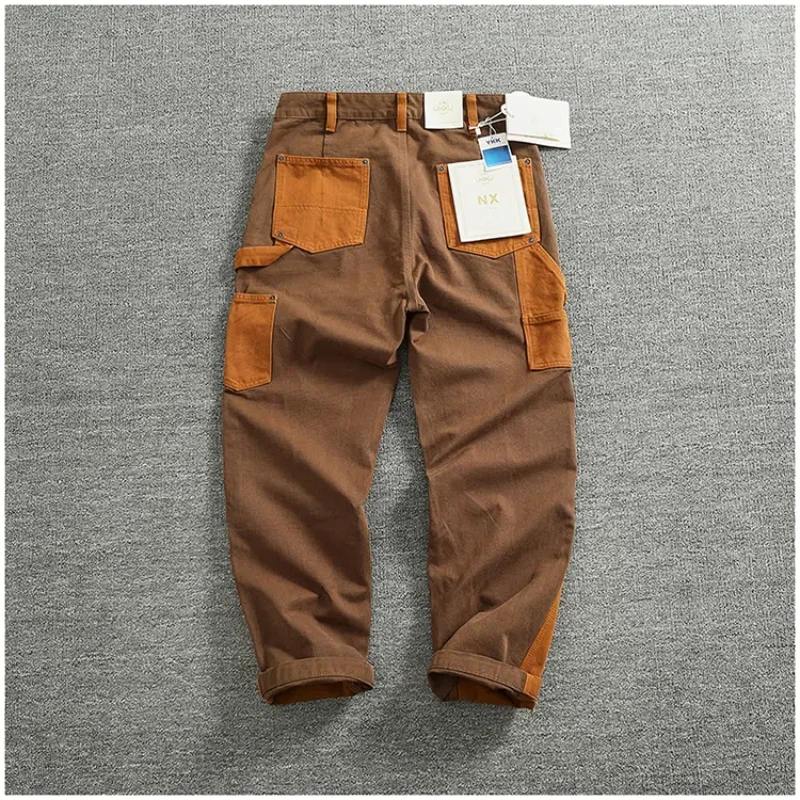 Men Autumn Winter Heavy Vintage Overalls Bead Canvas Grain Color Patchwork Logging Motorcycle Casual Pants