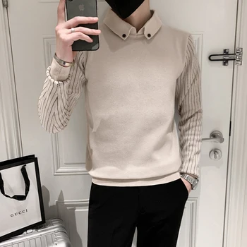 Fake 2 Pieces Shirt Collar Knit Sweater/Male Slim Fit British Style Fashion Casual Pullover Men's Stripe Casual Sweater S-3XL