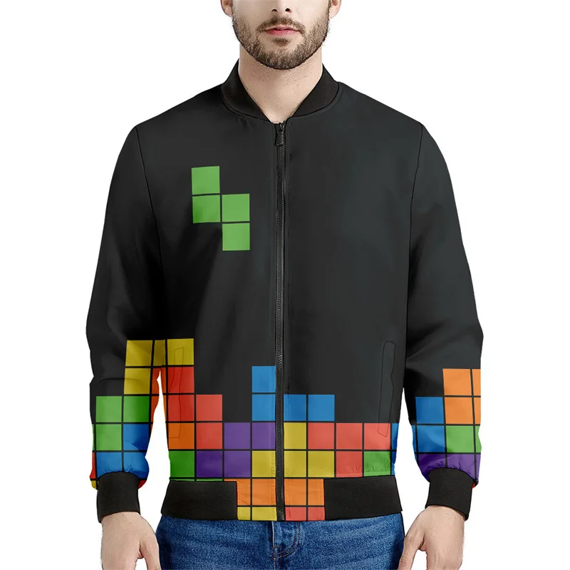thumbnail image 1 of Chaqueta con cremallera y estampado de consola de juegos para hombre, sudadera informal de manga larga con estampado 3D de bloques, chaquetas de gran tamaño, 1 of 4