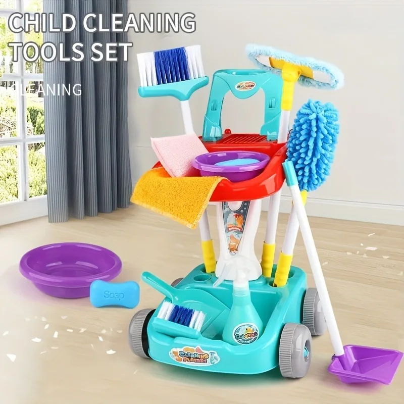 Kids Cleaning Toy Set with Broom Dustpan Mop Spray Bottle Pretend Play House Cleaning Cart Toy Early Educational for Kids