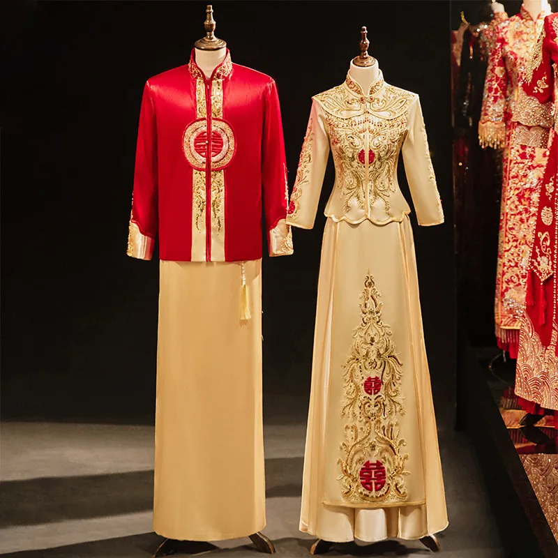 

Xiuhe Clothing Bride Chinese Ancient Wedding Dress Traditional Dragon Phoenix Embroidered Hanfu Cheongsam Custumes Sets