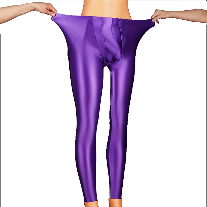 Men's Elastic Leggings Sexy Long Penis Pouch Underpants Male Underwear Elephant Bulge Shiny Glossy Pants
