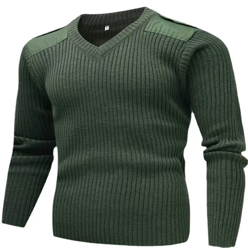 Tactical sweater men's long sleeved knitted pullover winter wool patch retro green O-neck sweater winter sweater men's pullover