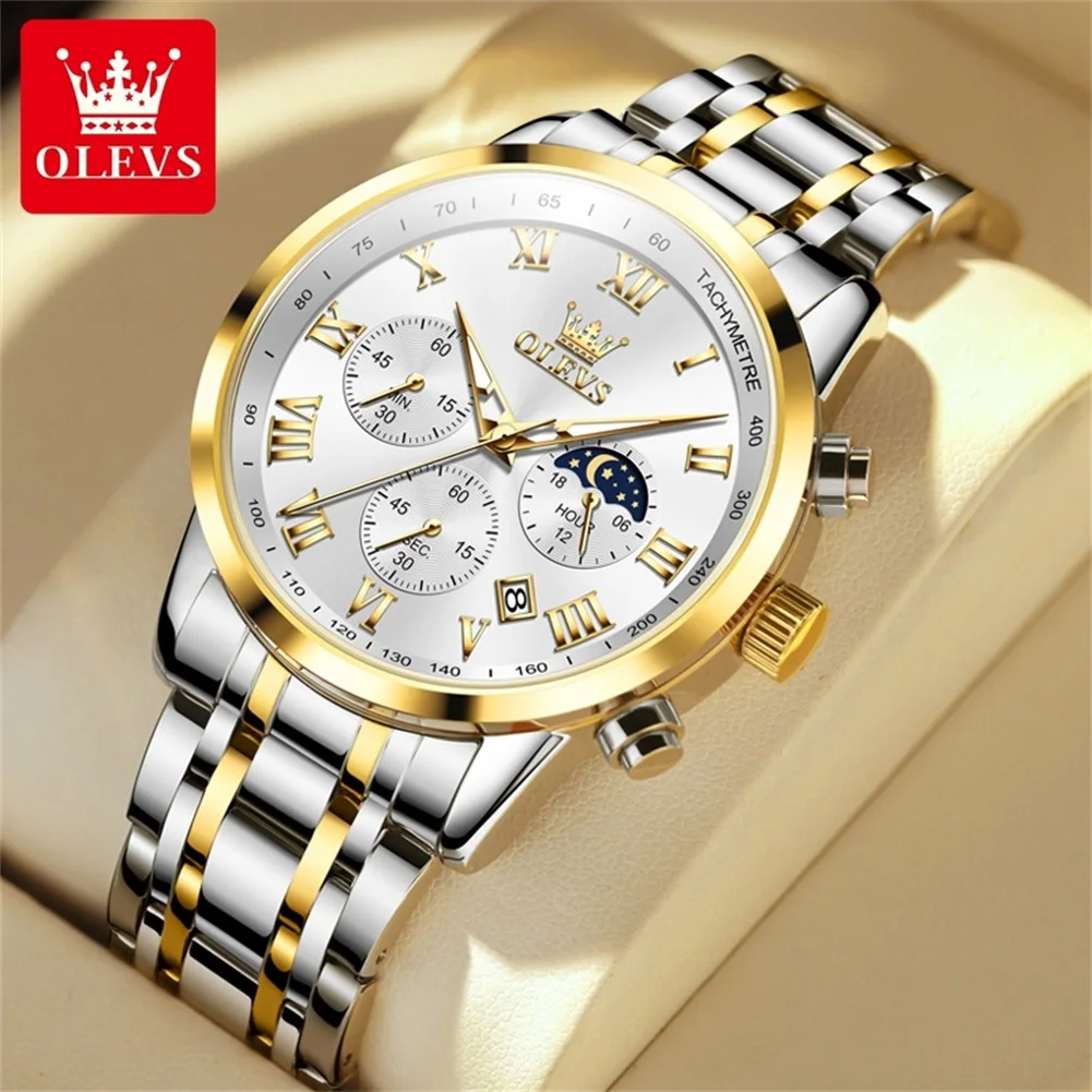 OLEVS Mens Watches Top Brand Luxury Chronograph Quartz Watch Leather Waterproof Calendar Fashion Mens Clock Relogio Masculino