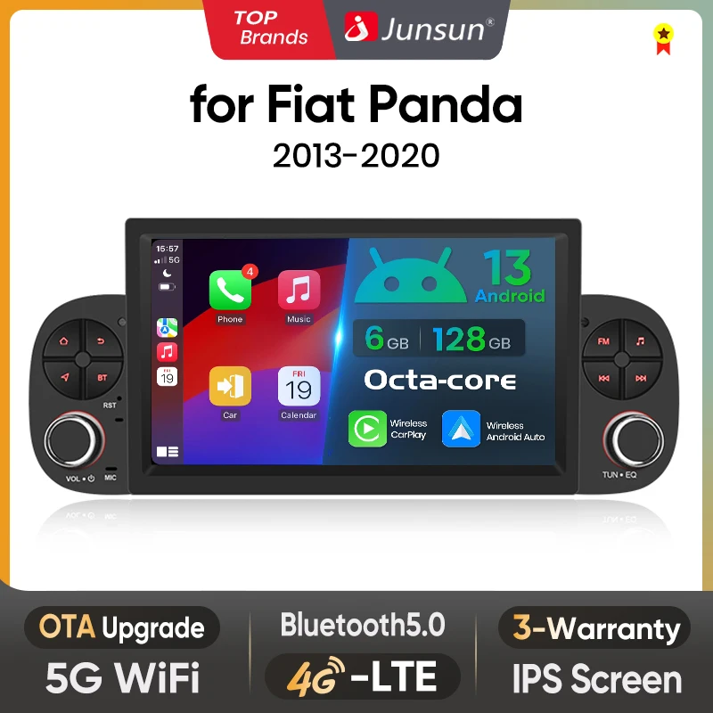 Junsun 7" Wireless Carplay Android Auto Autoradio für Fiat Panda 2013 2014 2015 2016-2020 Stereo GPS Multimedia Player 4G FM SWC