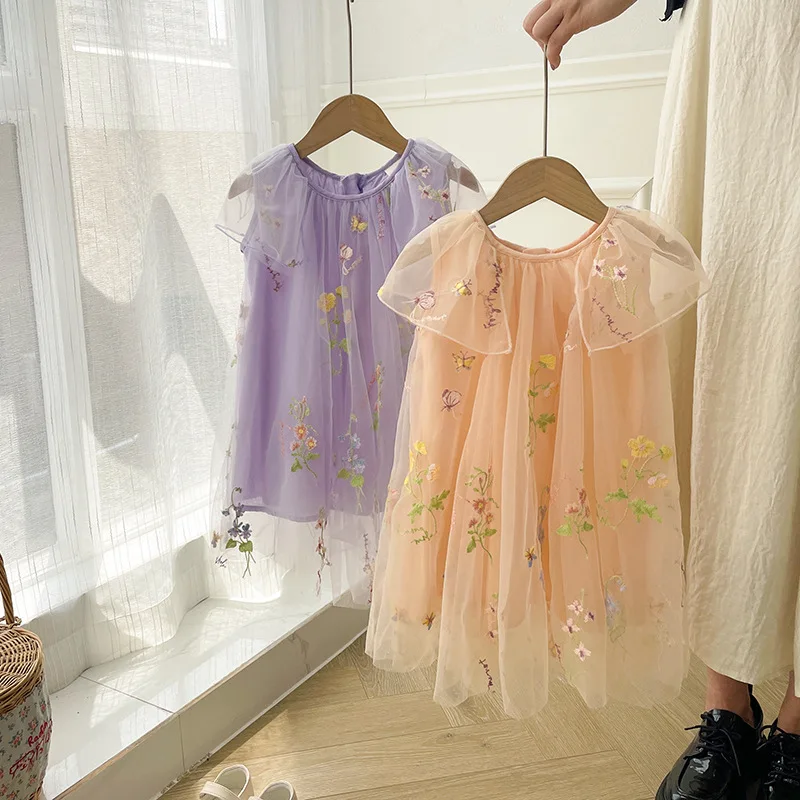

Girl's Embroidered Flower Doll Collar Dress2024Summer Mesh Bubble Skirt Children Toddler Princess Dress-MR