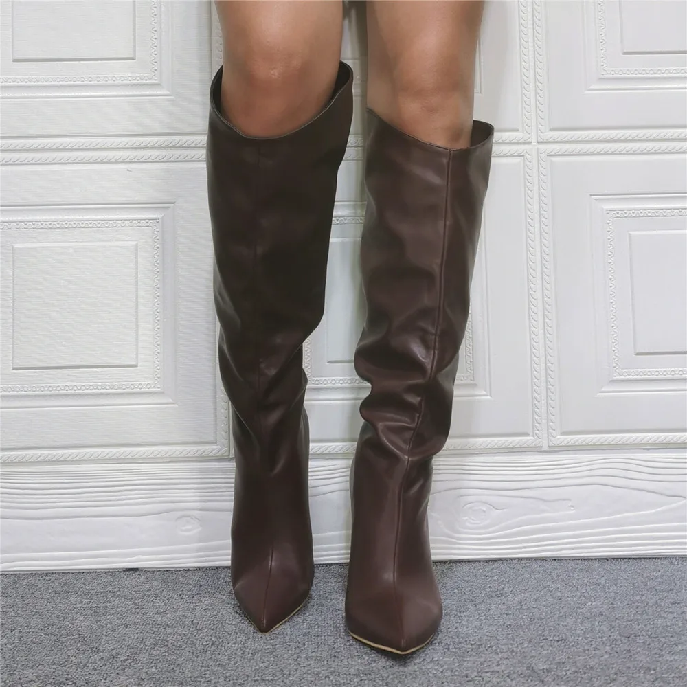 Ladies Autumn Sexy Coffee Matte Leather Knee High Boots Pointed Toe Dress Pumps Stiletto Heels Gladiator High Boots Long Botas