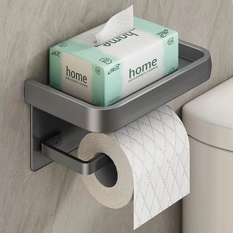 

Aluminum Toilet Paper Holder, Bathroom Storage Shelf, Wall Mounted WC Tissue Hanger, Phone Stand Rack Home Organizer Accessories