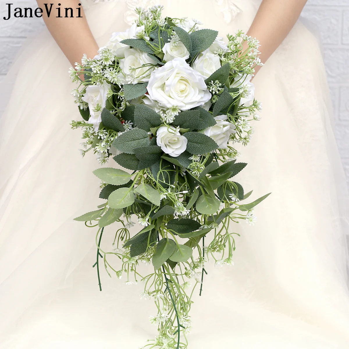 JaneVini Witte Rozen White Roses Bridal Bouquet Fleur Mariage Waterfall Wedding Bouquet Artificial Green Leaves Bride Flowers