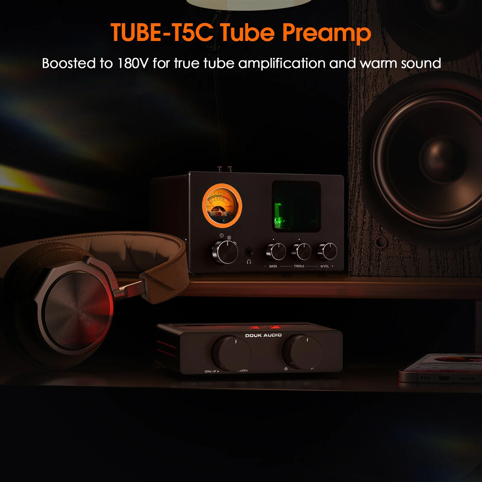 Douk Audio TUBE-T5C 스테레오 밸브 튜브 프리 앰프 미니 4 방향 오디오 분배기 사운드 선택기 VU 미터가있는 헤드폰 앰프