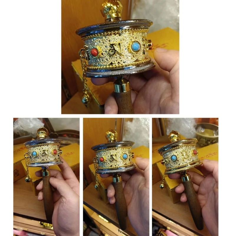 Tibetan Supplies Nepal Metal Six Word Scriptures Carvings Hand Cranking Swepts Bad Buddhist Prayer buddhist prayer item