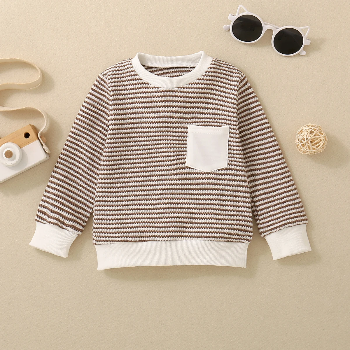 Fall Unisex Boys Girls Infants Russet Casual Warm Comfortable Knit Striped Pocket Long Sleeve T-shirt