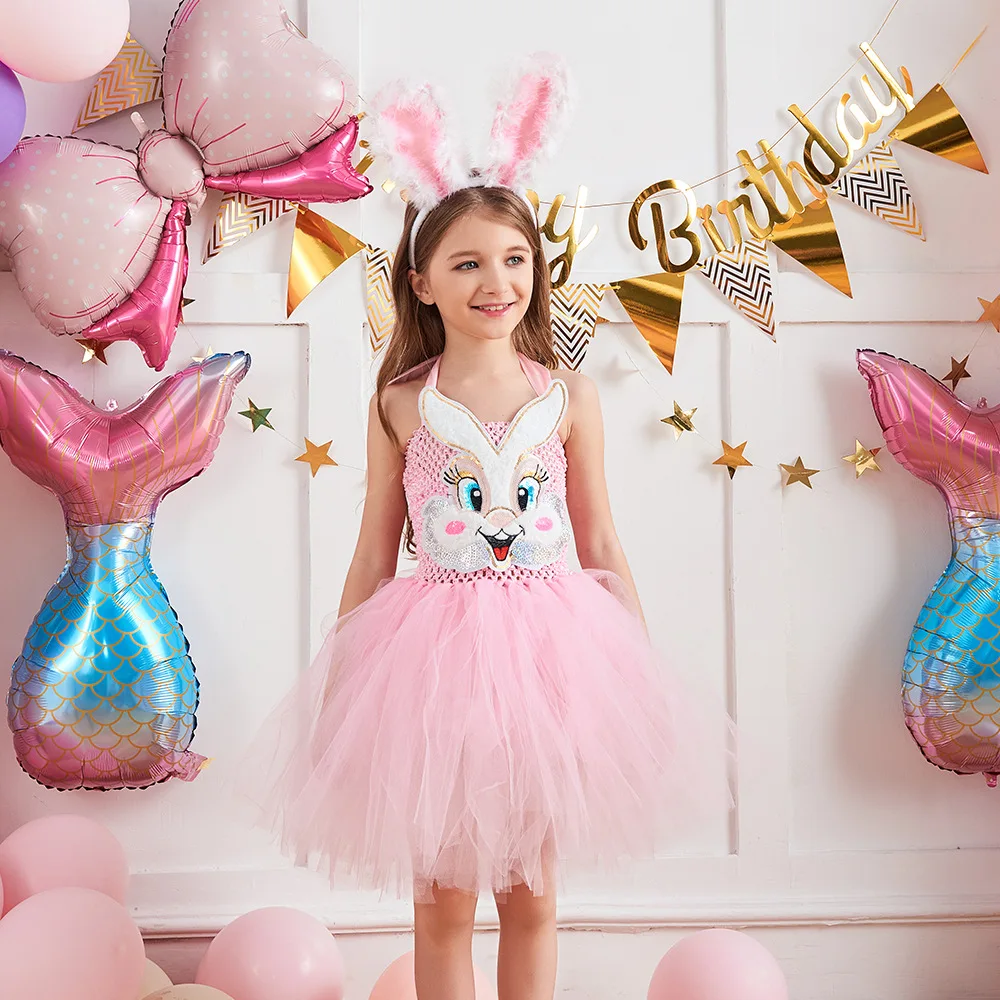 Vestito pasquale vestito da coniglio rosa fiore ragazze bambino animale bambino  bambini Halloween compleanno ragazza Tulle vestito coniglio Costume Cosplay  - AliExpress