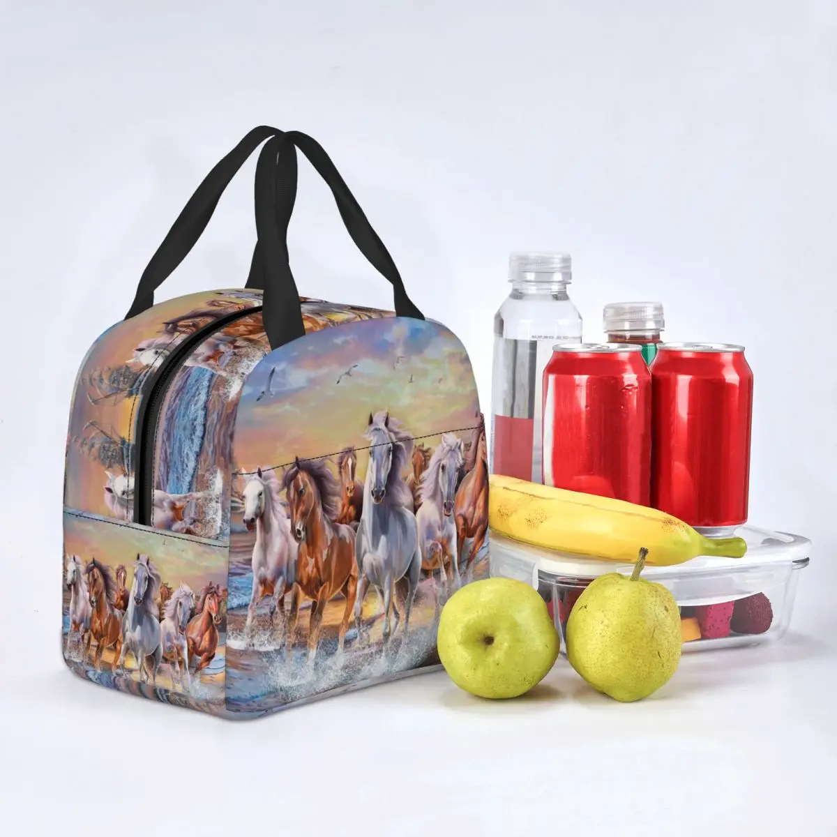 Custom Classic Horse Running Painting Lunch Bag Men Women Warm Cooler Insulated Lunch Box for Kids School