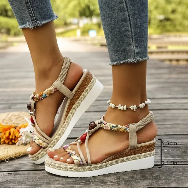 Nouvelles sandales compensées d'été pour femmes, sandales à bout ouvert bohèmes légères et confortables avec bande élastique, sandales à talons hauts plateforme pour femmes 1
