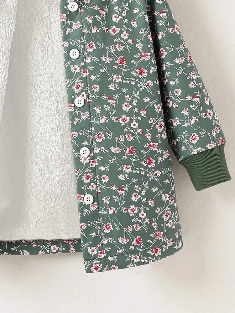 Girls floral warm button cardigan children's autumn and winter fleece hooded jacket girls winter coat