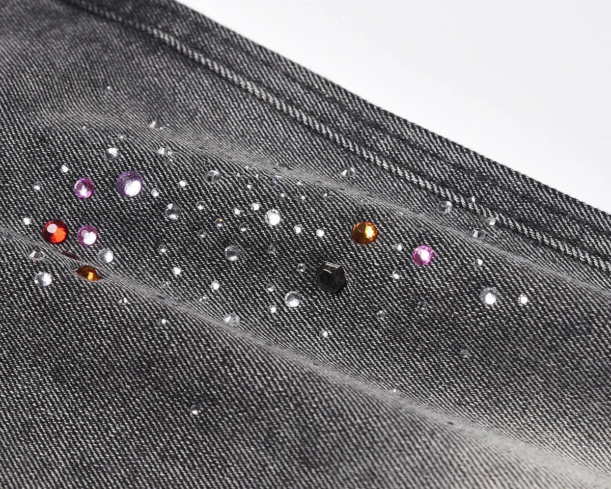 Vintage Color Rhinestone Print Washed Gray Baggy Jeans Shorts for Men Straight Casual Harajuku Loose Denim Trousers Oversized