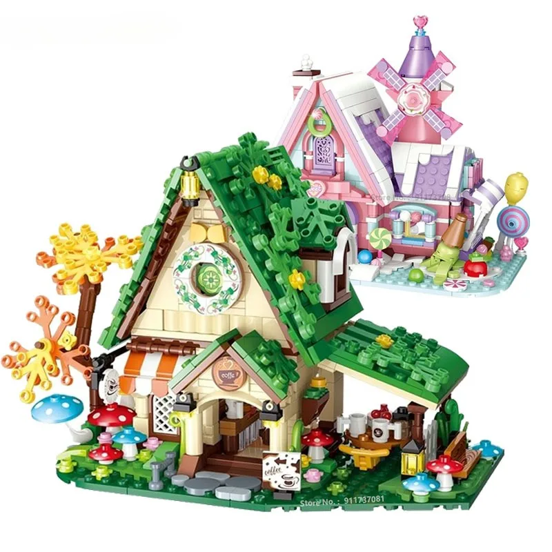 Friends Coffee House Kids Fairy Tale Candy House Assembly Cabin Architecture Model Creative Assembly Block Hand Craft Toys 2024