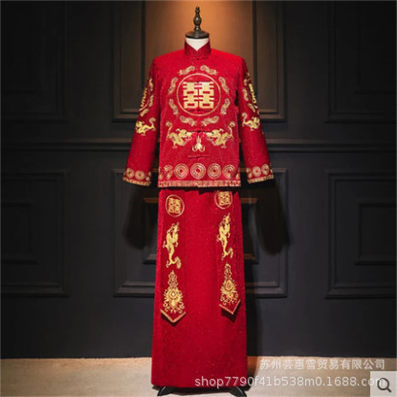 Embroidery Dragon Phoenix Chinese Traditional Couple Wedding Suit Cheongsam Elegant Bride Vintage Qipao Dress китайская одежда