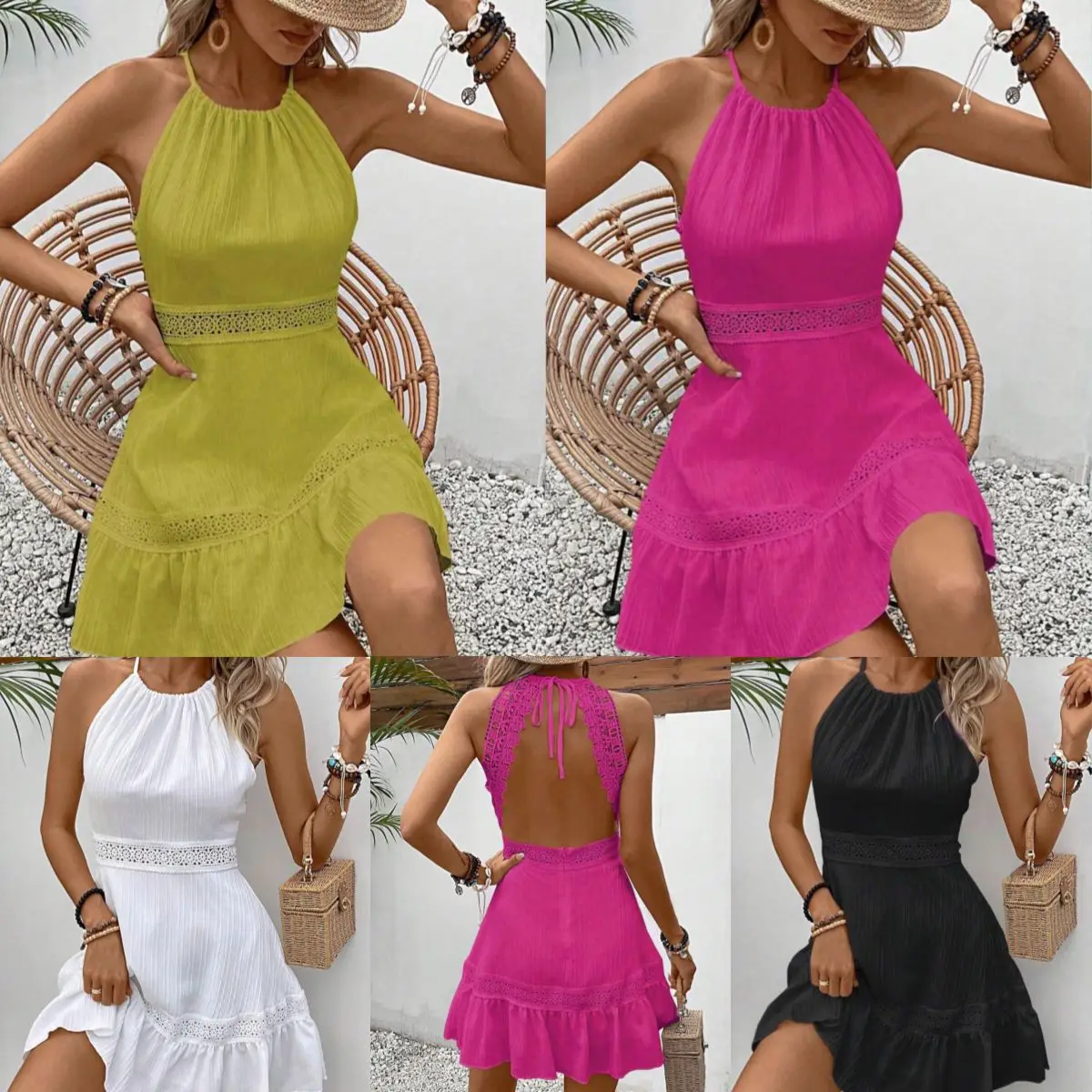 

Spot European and American new solid color hollowed out lace patchwork backless neck tie up dress