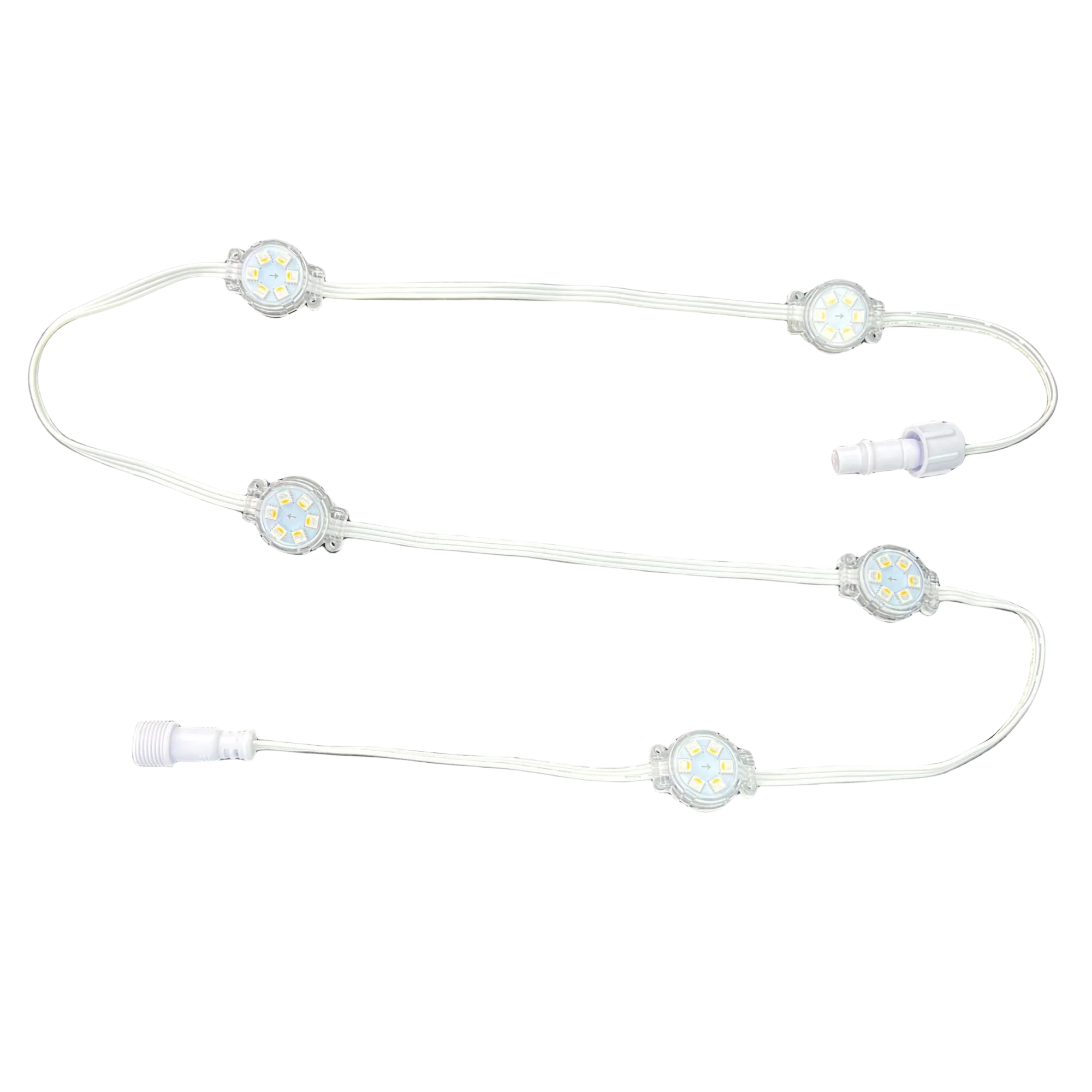 RGBW IC 주소 지정 가능 영구 LED 픽셀 포인트 퍽 라이트, 백색 와이어 간격, 스트링 당 5 픽셀, DC24V, 30mm 개방 구멍, IP68, 20cm