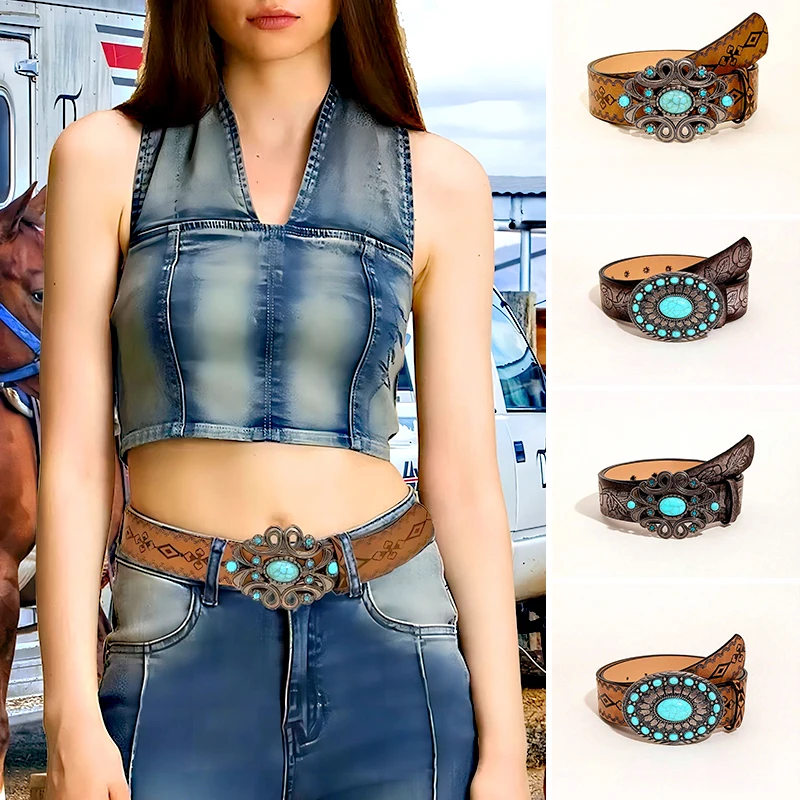 

1pc Vintage Cowboy Style Waistband Imitation Sapphire Palace Ethnic Style Buckle For Women Pu Leather Embossed Belts Hollowed