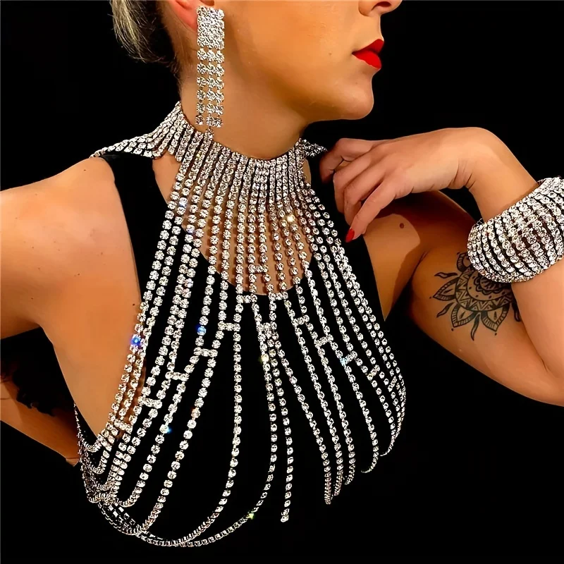 Luxury crystal chest chain, retro and high-end, multi-layer rhinestone necklace, body chain, dress accessories