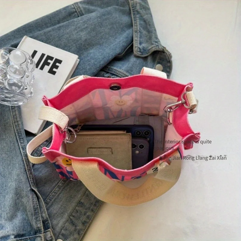 Dopamine Colorful Women's Crossbody Bags Fashionable Canvas Shoulder Bag Flower Print Tote Handbags Shopping Bag