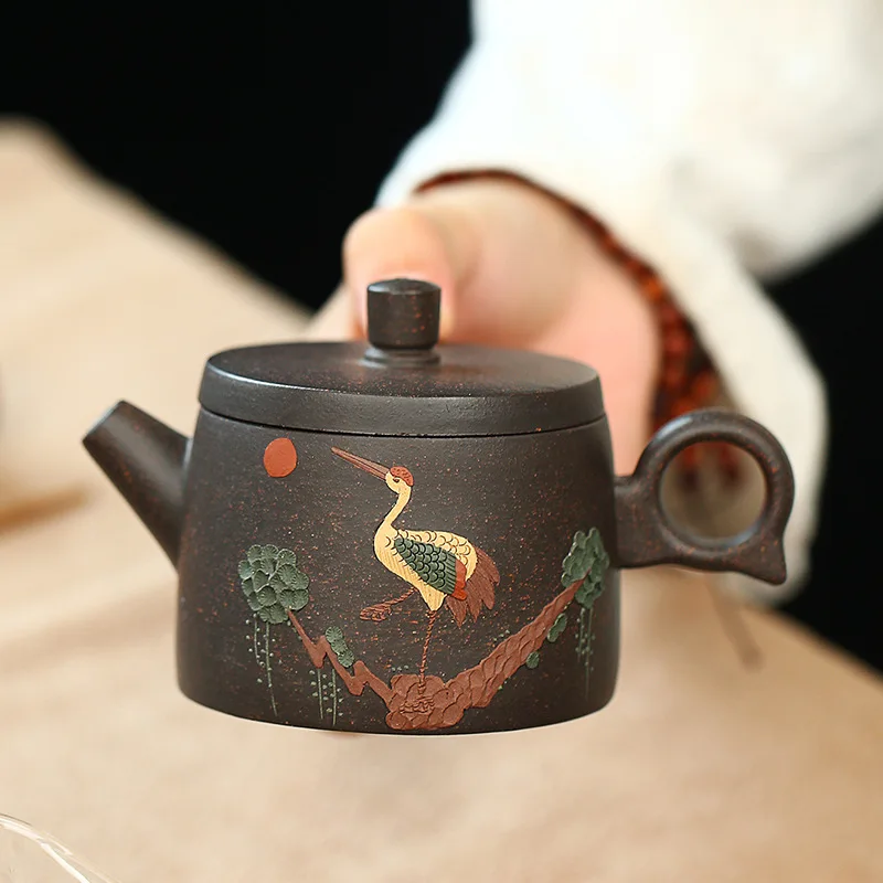 

230ML Yixing Black Gold Sand Teapot Handcraft Tea Pot Traditional Filter Kettle Hand-painted Crane Pattern Meaning Good Luck