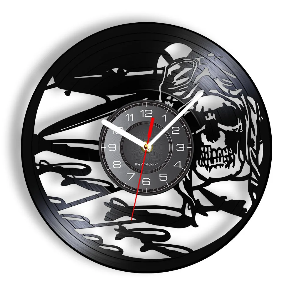 

Retro Pilot Skull Wall Clock Aviator Skeleton Vinyl Record Wall Clock Airplane Flying Jet Helmet Hipster Goggles Skull Wall Deco