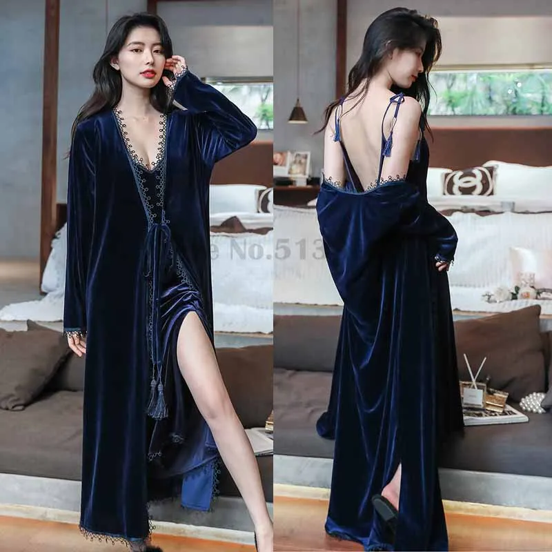 

Пикантный Велюровый комплект из двух предметов, женский халат-кимоно, ночная рубашка на подтяжках, осенне-зимняя ночная рубашка, Свободная Домашняя одежда