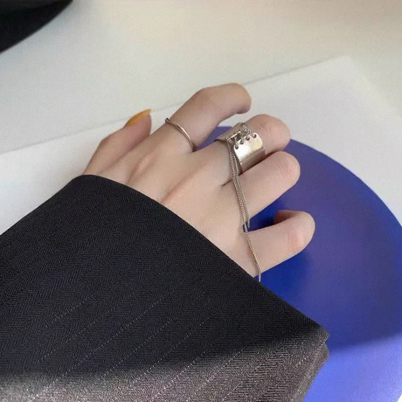 Metallic Strap Chain Wide Rings for Women Silver Color Metal Long Chain Knotted Charm Ring Jewelry Gift