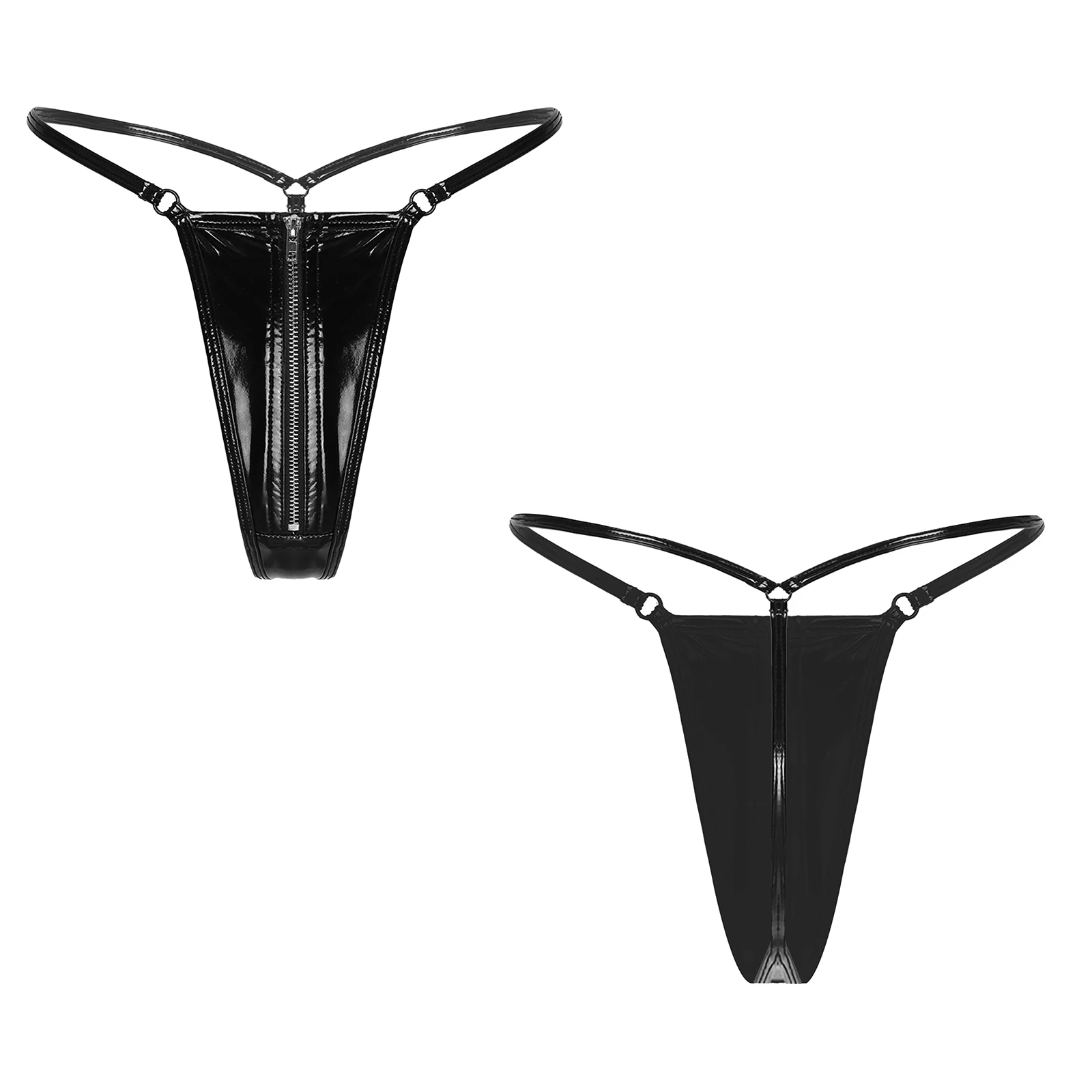 thumbnail image 1 of Lencería de látex de charol para mujer, ropa interior con efecto mojado, entrepierna con cremallera, espalda en T, tangas, cintura baja brillante, bragas abiertas en el trasero, 1 of 5