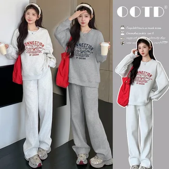2025 New Autumn Maternity Set Korean Style Embroidered Letter Loose Long Sleeve Sweatshirt and Sports Pants Two Piece Outfit