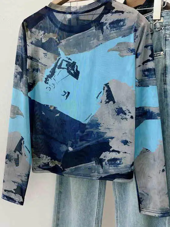 Blue Water Ink Painting Print Long Sve T-irt Women's Me Thin Casual Versatile Anti-Aging Slimming Top for Summer