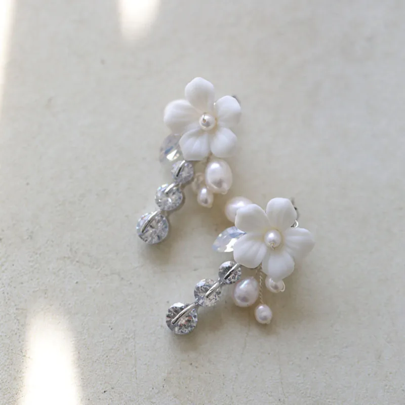 SLBRIDAL Handmade Opal Crystal Porcelain Flower Freshwater Pearl Bridal Tiara Earring Wedding Princess Party Crown Women Jewelry