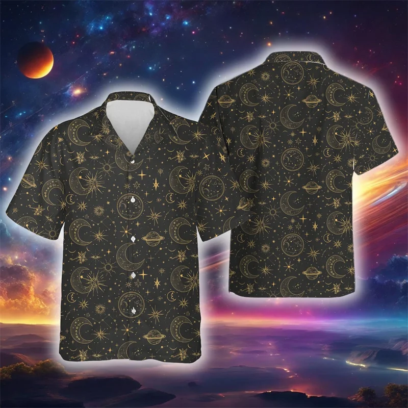 Camisa hawaiana con estampado 3D de estrellas abstractas y luna para hombre y mujer, blusa hawaiana de manga corta con solapa y estampado de planetas espaciales de estilo Harajuku